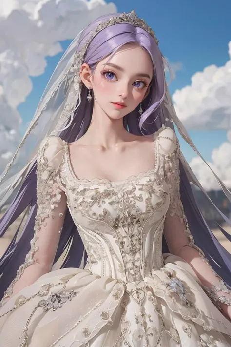 a woman in a wedding dress with purple hair and a veil