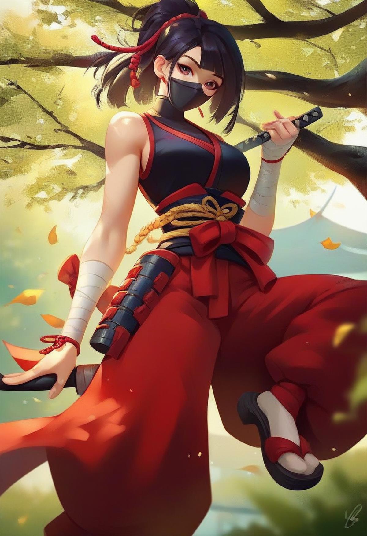 A woman in a red dress holding a sword in a tree - SeaArt AI