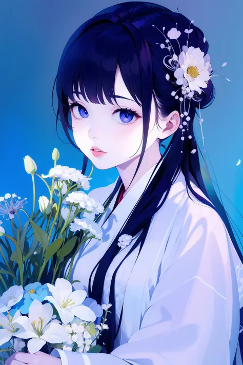 1girl, solo, long hair, looking at viewer, black hair, hair ornament, long sleeves, holding, upper body, flower, lips, blue back...