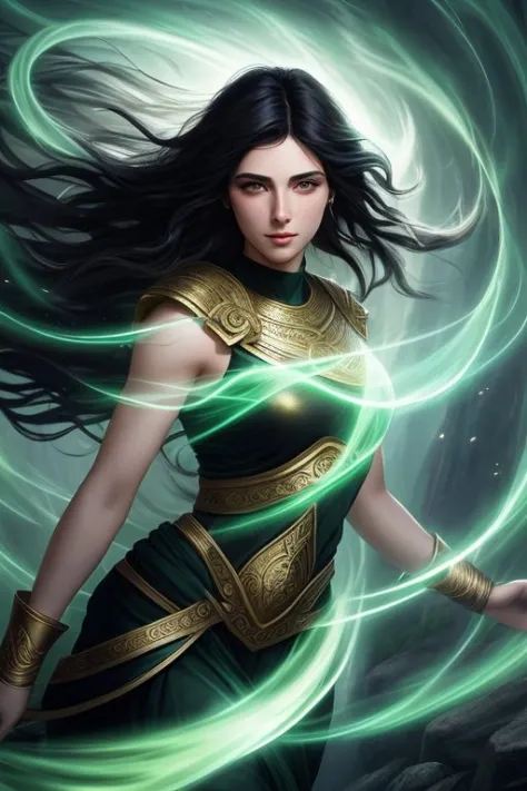 mage, black hair, heavenly luminescence, roman, skin pores, green eyes, medium shot, dynamic pose, highly detailed, volumetric l...