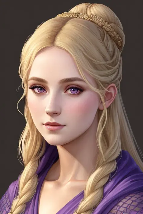 roman, wearing a peplos, female, full shot, realistic_skin, highly detailed, skin pores, purple eyes, blonde