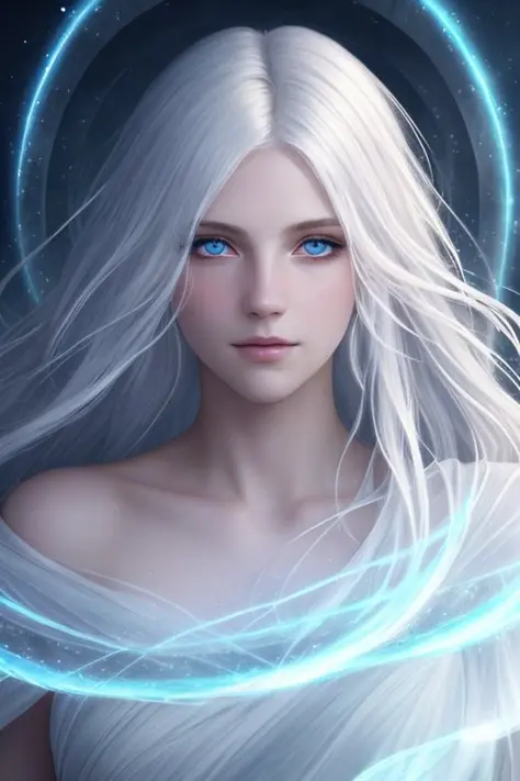 ethereal, white hair, heavenly luminescence, roman, skin pores, blue eyes, medium shot, shining eyes, highly detailed, volumetri...