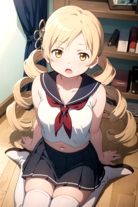 1girl, solo, masterpiece, best quality,
        mahou shoujo madoka magica, mami tomoe, tomoe mami, yellow eyes, tareme, blonde hair, long hair, drill hair, twin drills, parted bangs, school uniform, serafuku, collarbone, sailor collar, blue sailor collar, neckerchief, red neckerchief, sleeveless, sleeveless shirt, white shirt, bare arms, crop top, crop top overhang, cropped shirt, skindentation, cleavage, taut clothes, large breasts, midriff, navel, skirt, blue skirt, miniskirt, pleated skirt, thighhighs, zettai ryouiki, thick thighs, loafers, breasts,
        wariza, sitting, hands on lap, from above, looking up, looking at viewer,
        blush, surprised, :o, open mouth, !,
        indoors, wooden floor