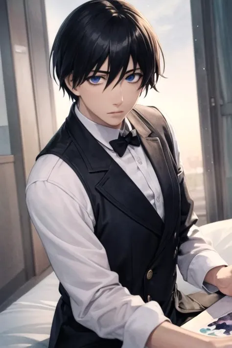 anime boy in a suit and bow tie sitting on a bed