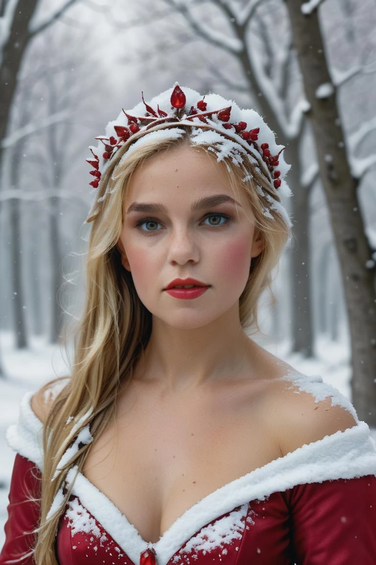 Lisa_blanc_modèle princesse fae des neiges, Photo réelle,  (8k, Photo brute, la plus haute qualité), hyper réaliste, costume de pierres précieuses rubis rouge, des illustrations d&#39;une beauté envoûtante, inspiré des contes de fées, fond de neige d&#39;hiver, lora arrière-plan flou:ajouter-détail-xl:1> "
 p