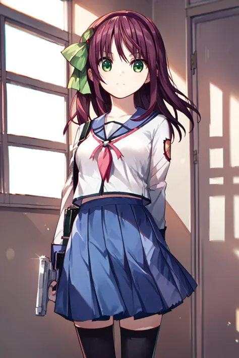 anime girl in uniform with gun standing in front of window