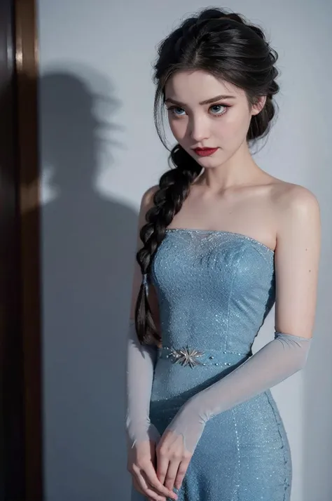 Wednesday Addams,  angry, ponytail,  <lora:Elsa_character:0.8> ElsaWaifu, blue dress, single braid