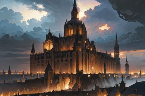 Masterpiece, old school dark fantasy painting of a sprawling gothic city, imposing palace in the distance, dark stormy clouds, by Luis Royo, by Frank Frazetta, by Gerald Brom, grim dark, retro fantasy, uhd, 4k, hdr,