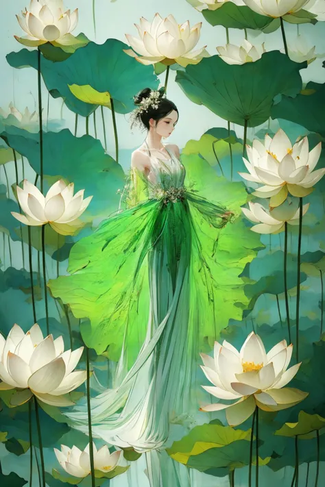 a close up of a woman in a green dress surrounded by flowers