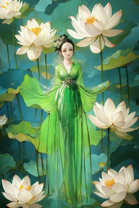 a close up of a woman in a green dress standing in a field of flowers