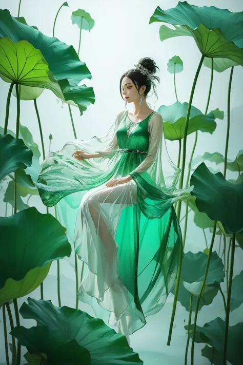 a woman in a green dress sitting on a large leaf