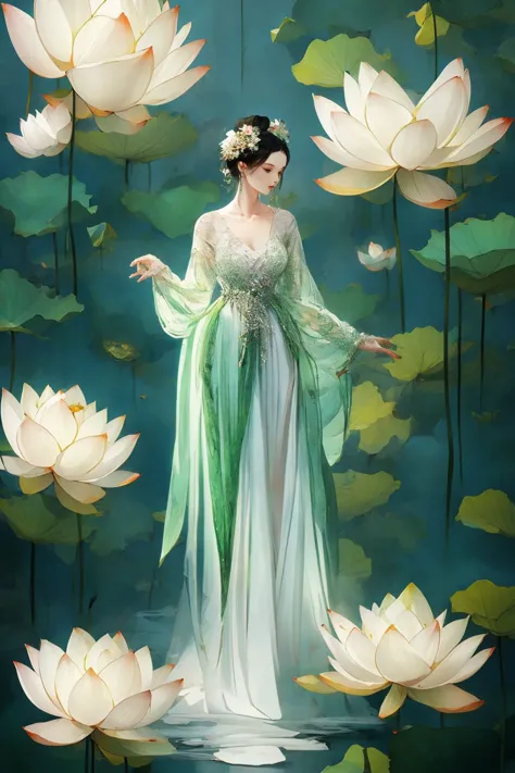 1girl, gl4ssdr3ss, green glass dress, (see-through), full body, sleeveless, <lora:gl4ssdr3ss:0.8>, <lora:Lotus_leaf:0.7>, xuer L...