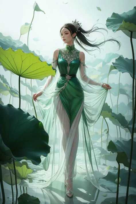 a woman in a green dress is walking through a pond