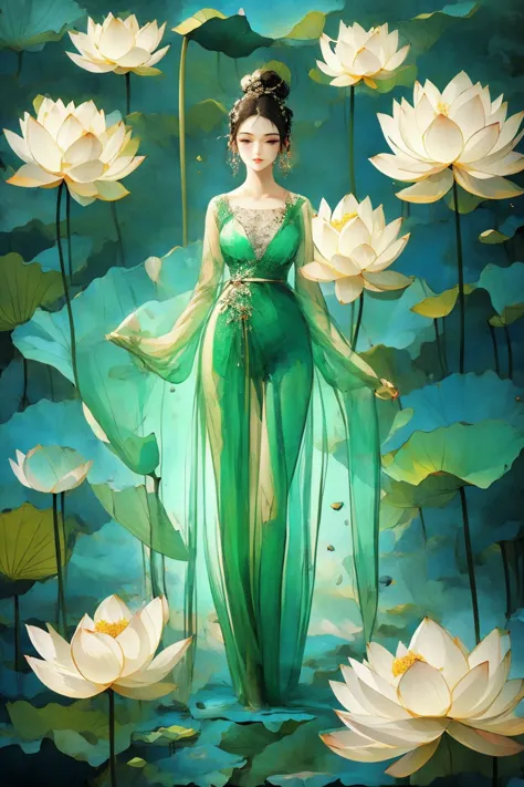 1girl, gl4ssdr3ss, green glass dress, (see-through), full body, sleeveless, <lora:gl4ssdr3ss:0.8>, <lora:Lotus_leaf:0.7>, xuer L...