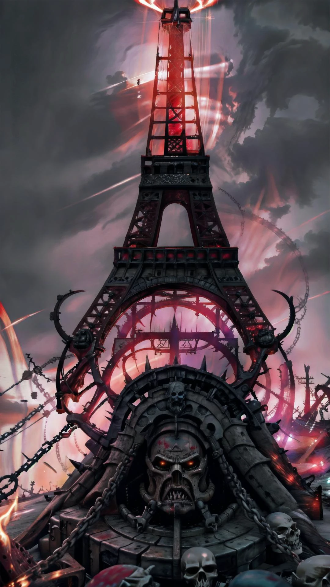 Eiffel Tower, paris, Frankreich, Gebäude, Turm, BRECHEN, (keine Menschen:1.5), BRECHEN, Khorne-Welt, (Schädel:1.10), Kette, Spikes, Fantasie, Feuer, rotes Leuchten, rotes Thema, BRECHEN,