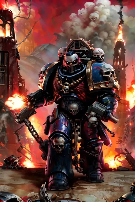 [ultramarine, ((black armor)), chaplain, power armor, holding weapon, armor, helmet, holding gun, male focus, shoulder armor, fu...