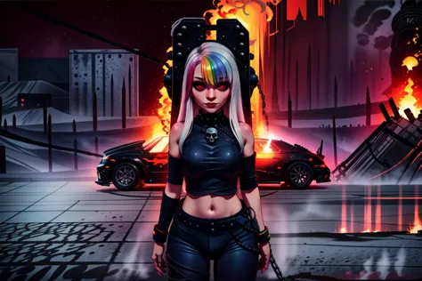 [1girl, Roxy_Citron_OC, solo, red eyes, white hair, rainbow hair, long hair, streaked hair], drag_racer, drag_race, speed, motion_blur, fumes, fog, exhaust, streaming_hair, traffic, weaving,  Khorne_World, (skulls), chain, spikes, fantasy, fire, red glow, red theme, dynamic_pose, cowboy_shot, ultra-detailed), (masterpiece), (best_quality), (cinematic_lighting), (vibrant_colors)