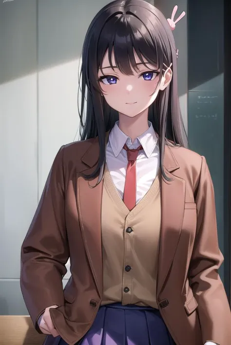 anime girl in brown jacket and blue skirt with red tie