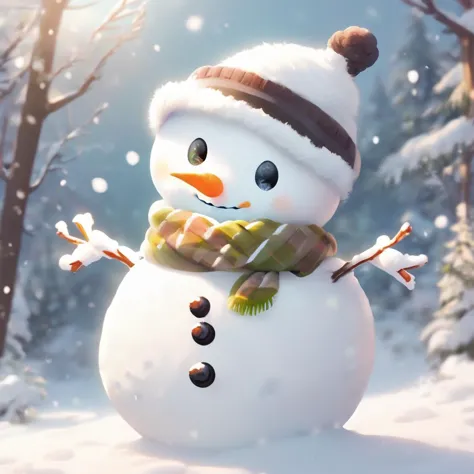 a close up of a snowman with a scarf and hat on