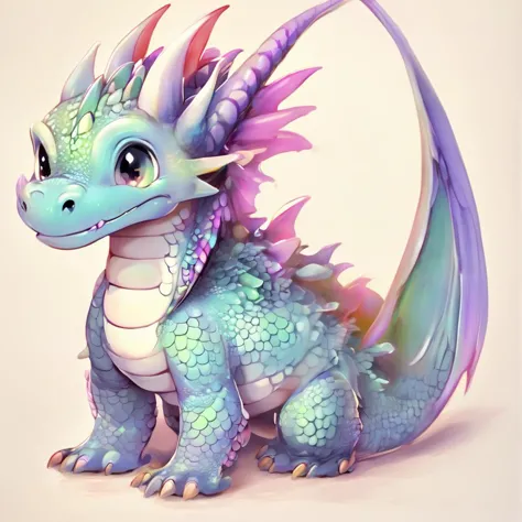 there is a blue dragon with pink and green wings sitting on a white surface