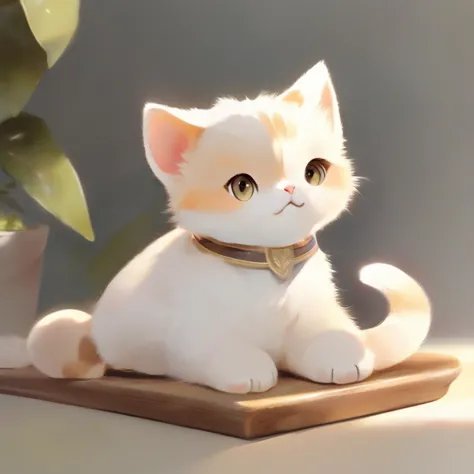 there is a white cat sitting on a wooden board next to a potted plant