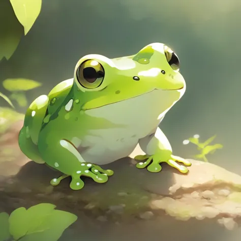 there is a green frog sitting on a rock in the woods