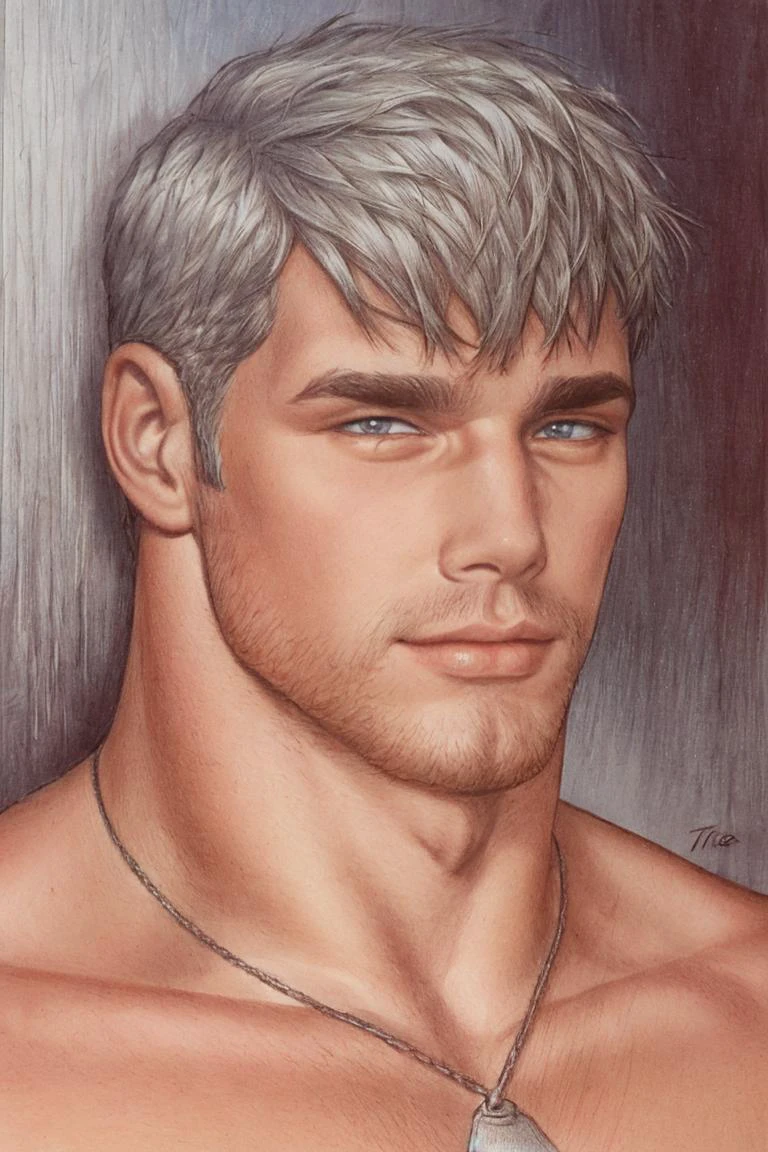 t0f, dibujo a lápiz de color de un hombre,  muscular male, cabello plateado