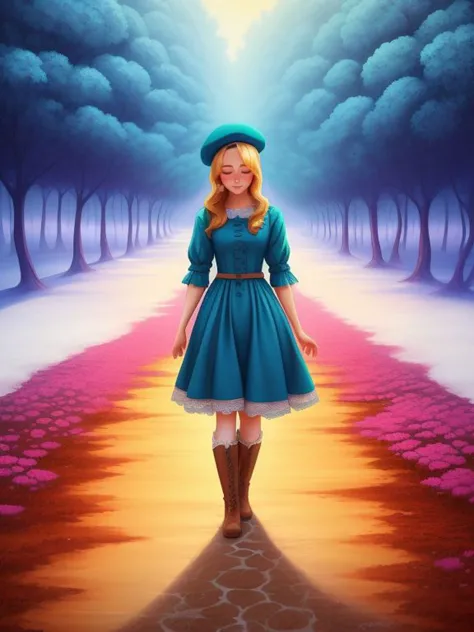 a painting of a woman in a blue dress and hat walking down a path