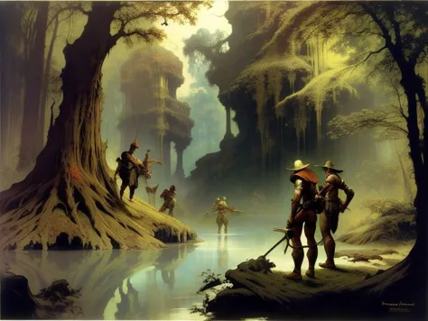 a painting of a group of people standing in a forest