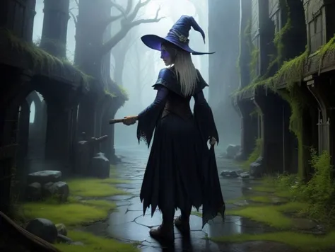 witch in a dark forest with a green hat and a black cloak