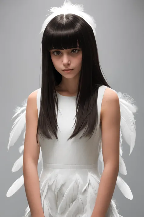 a girl with long dark hair and bangs, wearing a dress made of white feathers