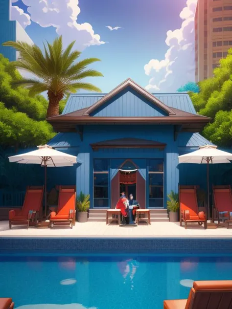 anime - style illustration of a couple sitting by a pool