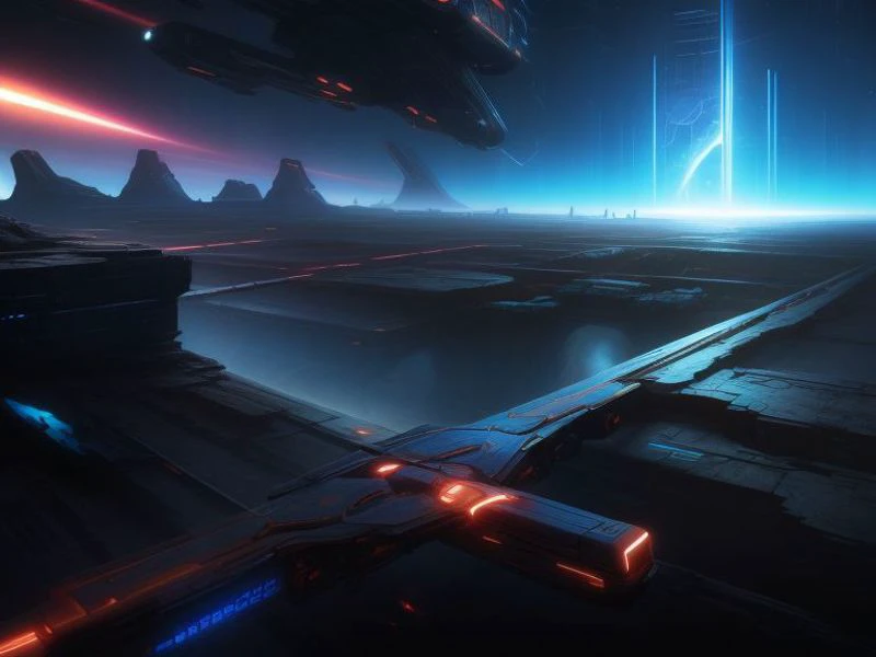 a futuristic spaceship flying over a futuristic city at night