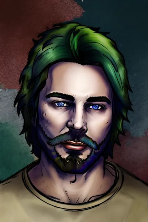 a drawing of a man with green hair and a beard