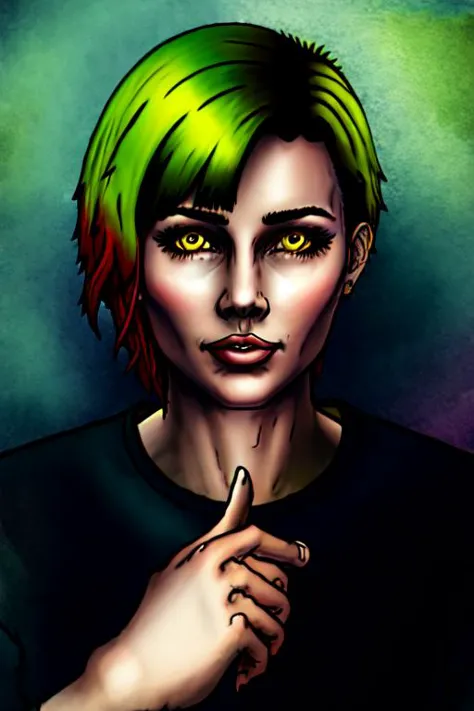 a painting of a woman with green hair and a black shirt