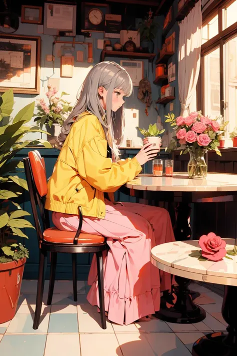 (masterpiece:1.2),best quality,PIXIV,flot,1girl,solo,sitting,long hair,flower,chair,food,pink flower,cup,holding,long sleeves,pi...