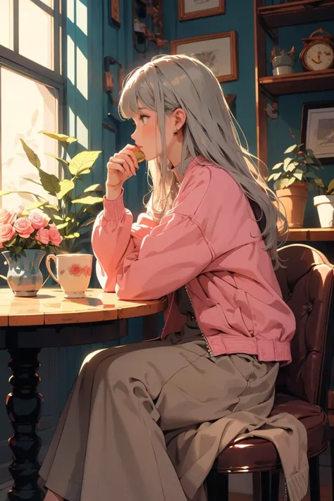 (masterpiece:1.2),best quality,PIXIV,flot,1girl,solo,sitting,long hair,flower,chair,food,pink flower,cup,holding,long sleeves,pi...