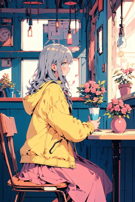(masterpiece:1.2), best quality,PIXIV,flot,
1girl, solo, sitting, long hair, flower, chair, food, pink flower, cup, holding, lon...