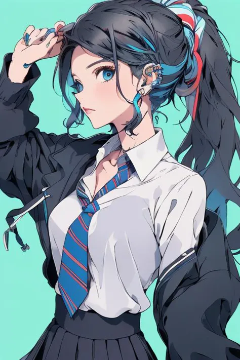 (masterpiece:1.2), best quality,
1 mechanical girl, solo, skirt, necktie, black hair, long hair, shirt, simple background, blue ...