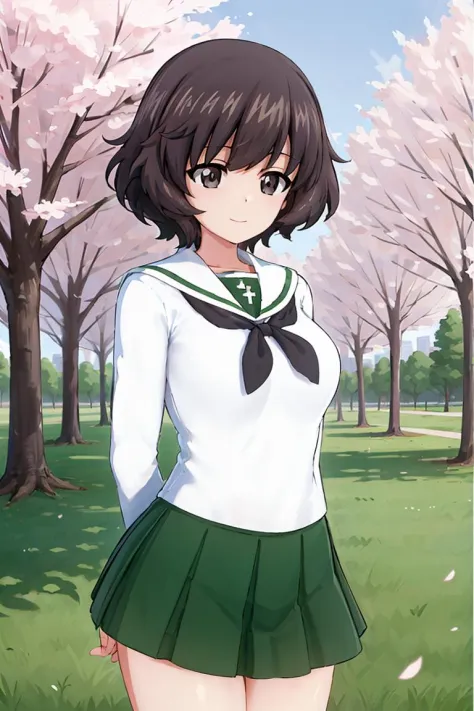 masterpiece, best quality, 1girl, solo, girls und panzer, ooarai school uniform, white shirt, white sailor collar, black neckerchief, green skirt,arms behind back, cowboy shot, outdoors, cherry blossoms, central park, blue sky <lora:Akiyama Yukari:0.6>