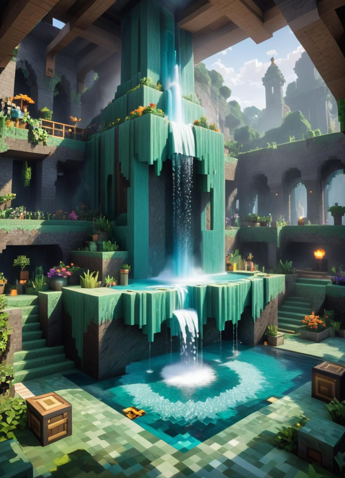 A large waterfall in a large building with lots of plants - SeaArt AI