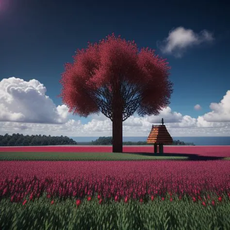 a tree in a field with a hut in the middle