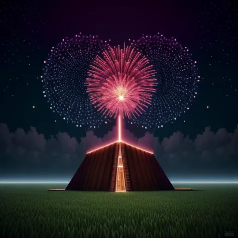 a fireworks is lit up over a pyramid in the middle of a field