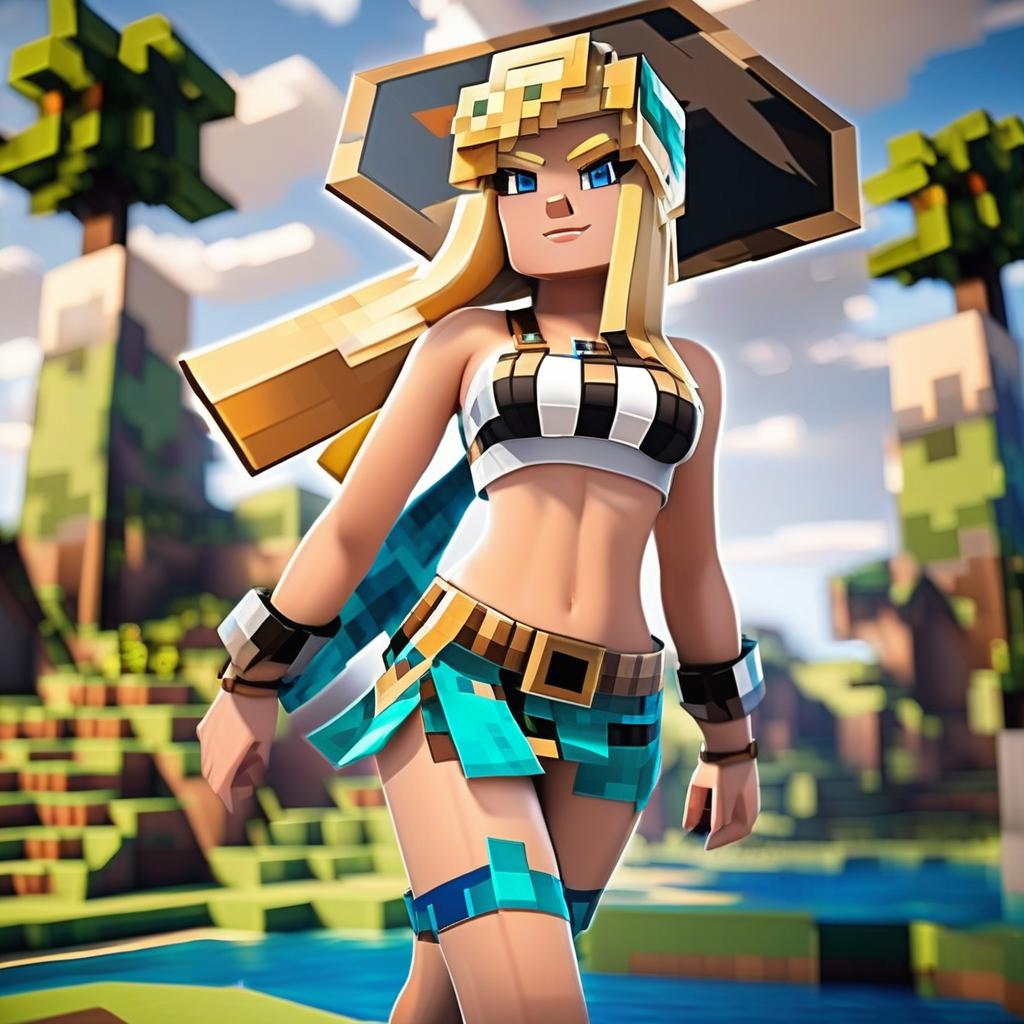 A woman in a bikini and a sword in a minecraft style - SeaArt AI