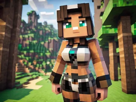 Frau in Minecraft posiert für ein Foto in einem Latexbikini ohne Oberteil, mit kleinen Brüsten, einem verpixelten sexy Fetisch-Harnisch und einem Metallhalsband. Minecraft-Render mit einem verpixelten Rendering., große Brüste , huge große Brüste, korsett latex, Minecraft-Weltstil, huge große Brüste  naked on the ground  big round butt, gerendertes Minenfloß im Hintergrund  