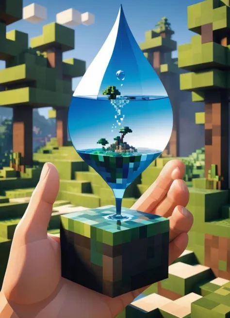 Minecraft style (Ultrarealistic:1.3) a picture of a hand holding a drop of water, environmental artwork, environmental art, insp...