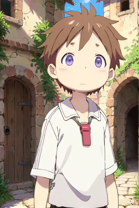 anime boy in white shirt standing in front of a stone building