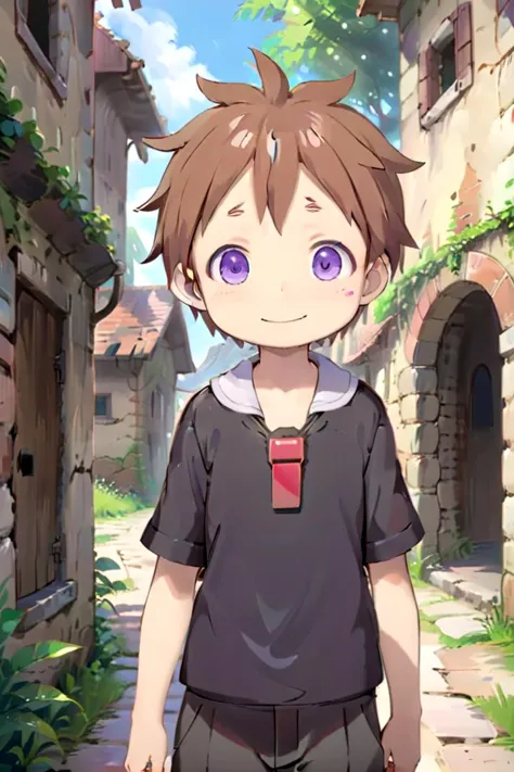 anime boy with brown hair and blue eyes standing in a narrow alley