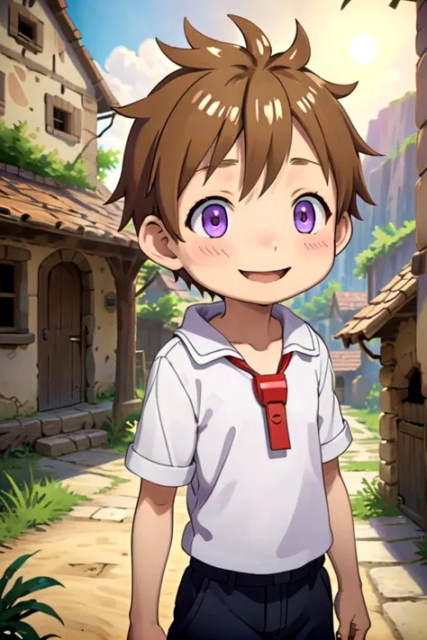 <lora:nat-000025:0.7>
10 year boy named mia_nat standing in a beautiful village,
he is wearing a red whistle around his neck,
he has brown hair blue purple eyes and is smiling,
draw it in the style of Made in Abyss
The soft lighting and detailed surroundings create an immersive environment where imagination runs wild
hyper-detailed,hyper-detailed face, high quality visuals, dim Lighting, sharply focused, octane render, 8k UHD