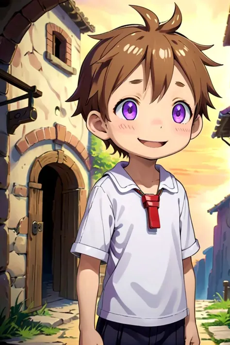 anime boy with purple eyes standing in front of a building